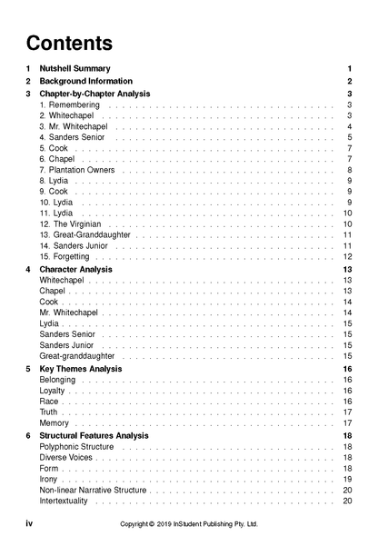 Text Guide displaying its contents page with sections like 'Nutshell Summary', 'Character Analysis', and 'Key Themes Analysis' in black text on a white background.