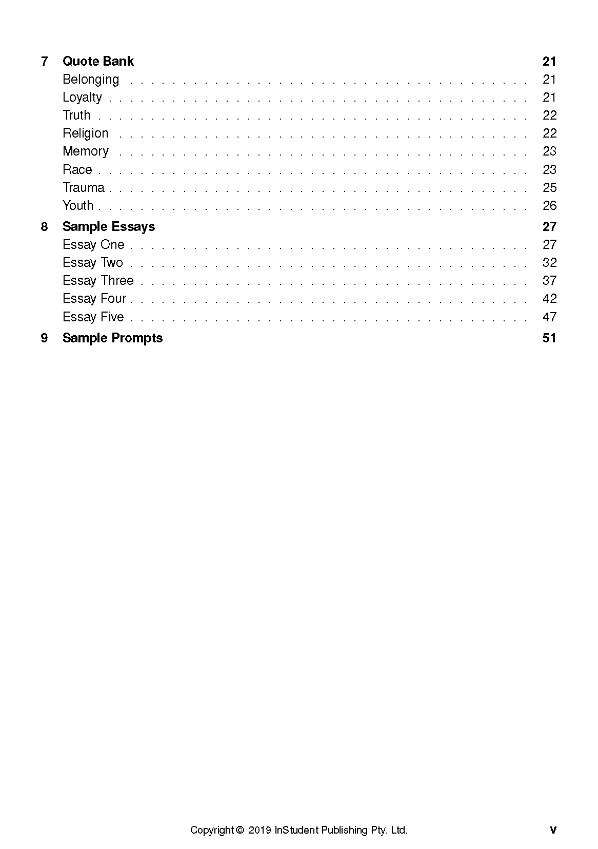 Black and white text guide by InStudent Publishing Pty. Ltd. displaying a table of contents with chapter titles and page numbers.