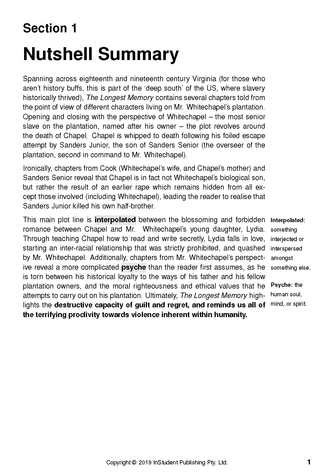 Text Guide page by InStudent Publishing Pty. Ltd. displaying a 'Nutshell Summary' with formatted text and marginal definitions.