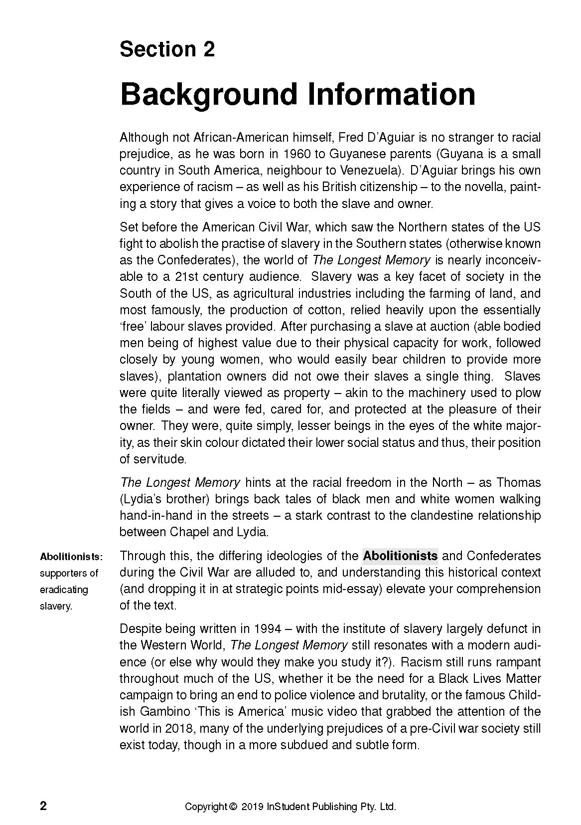 White Text Guide page featuring 'Section 2 Background Information' heading and text discussing 'The Longest Memory' and Abolitionists.