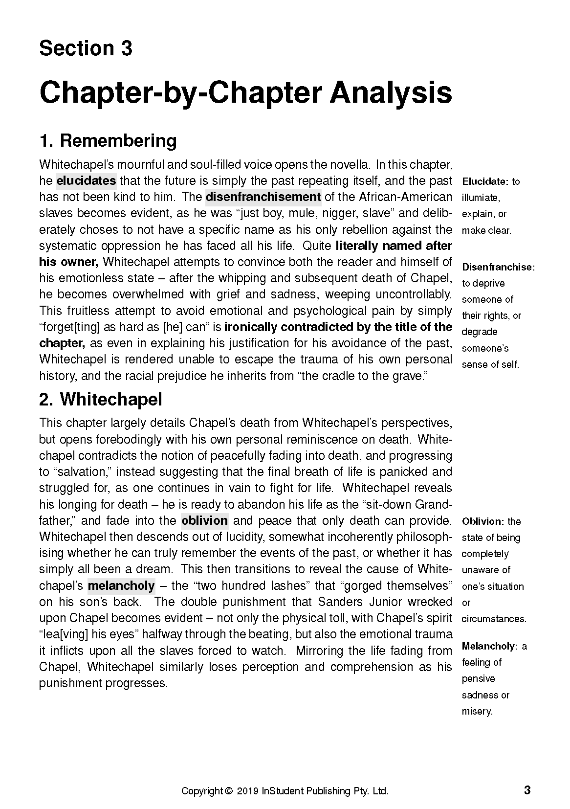 Text Guide for The Longest Memory by Fred D'Aguiar, showing a page with chapter analysis and key term definitions.