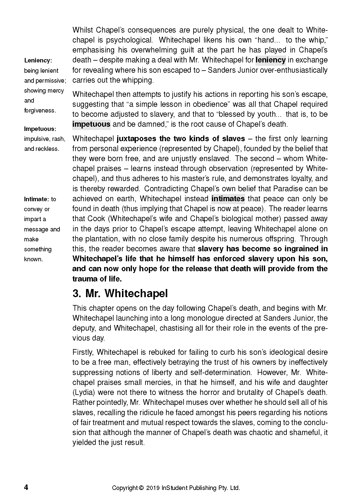 Digital text guide by InStudent Publishing Pty. Ltd. showing a black and white page with English text, bolded keywords, and marginal definitions.