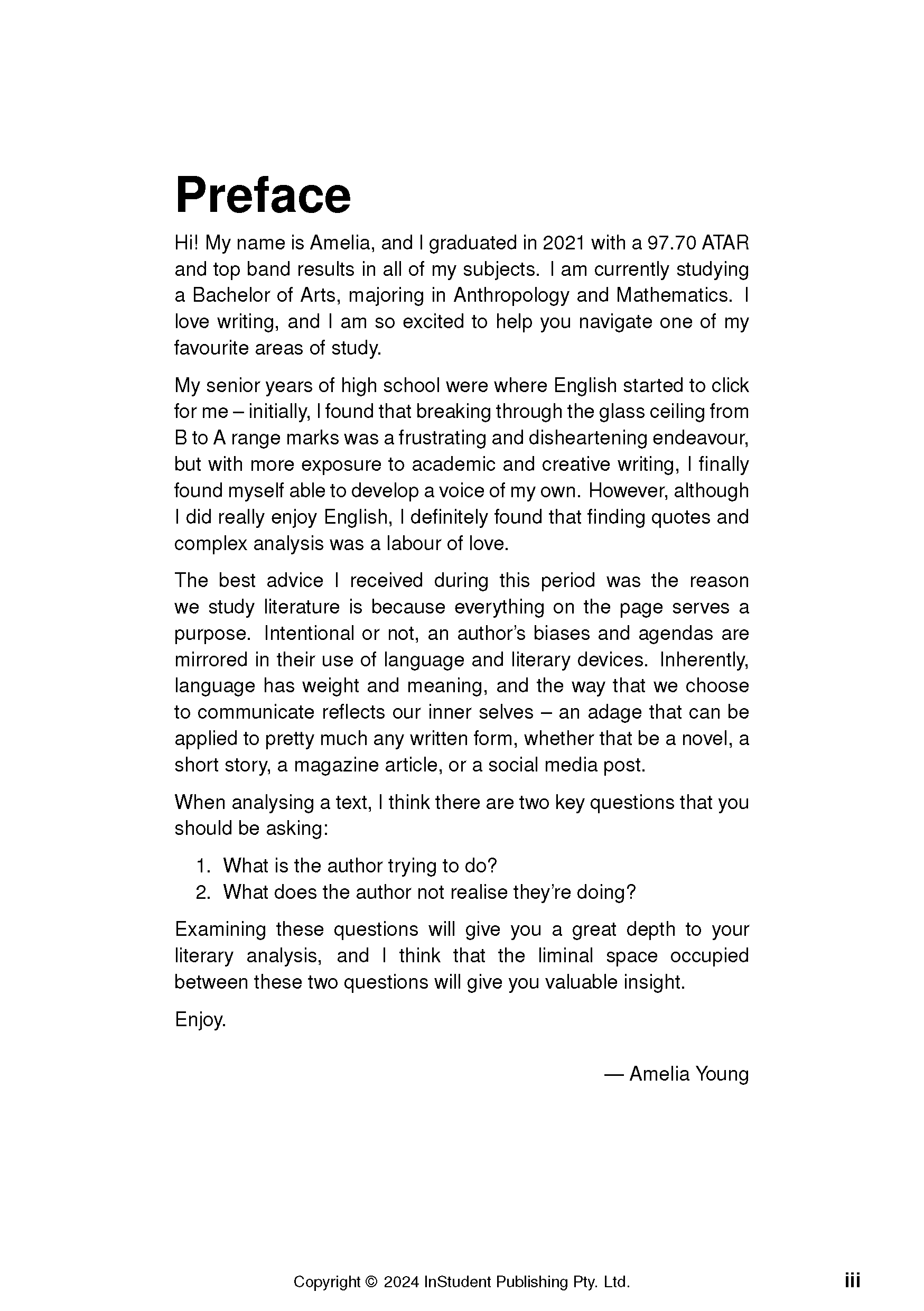 Text Guide page displaying a "Preface" with introductory text, literary analysis questions, and footer details in black on white.