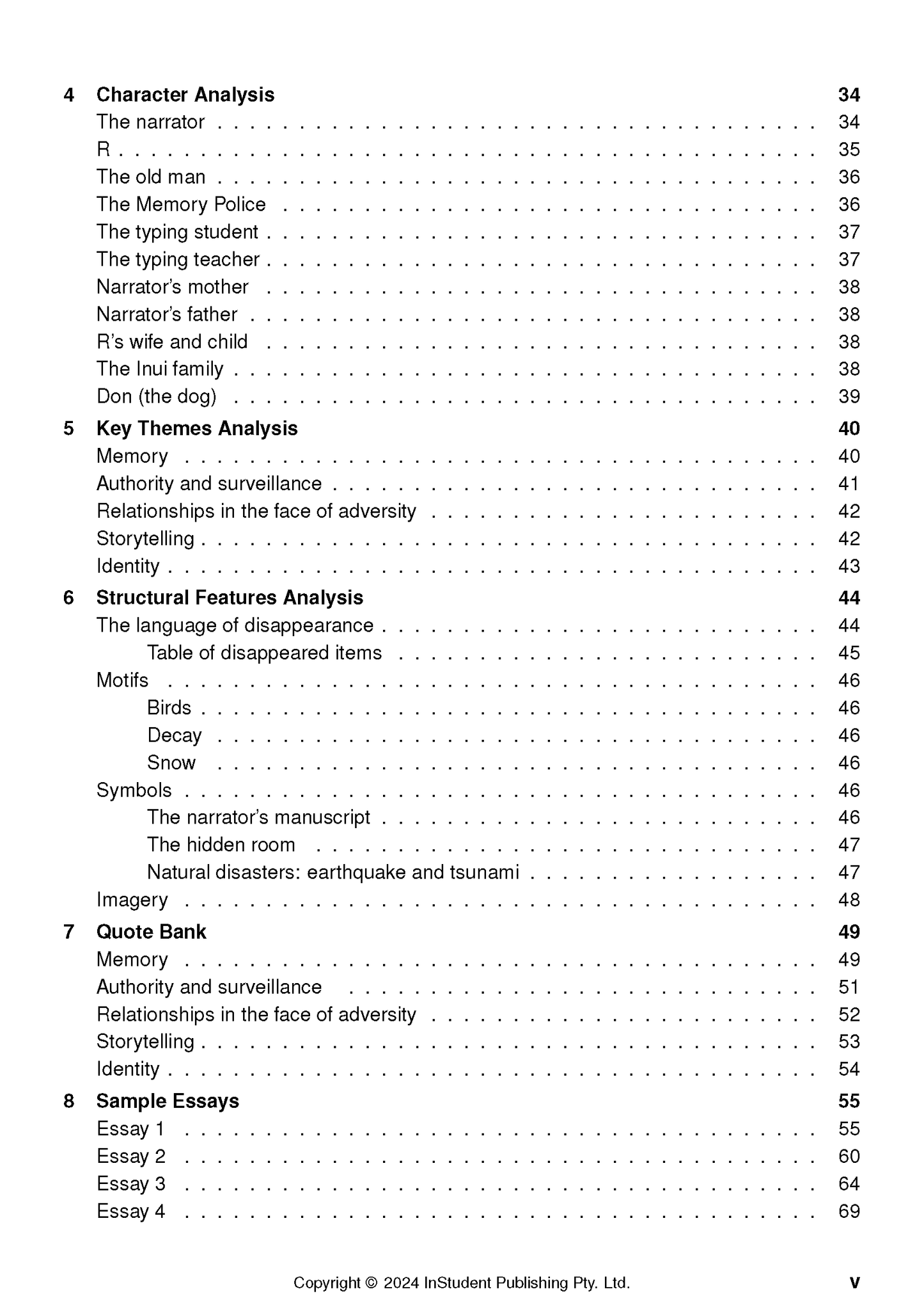 Text Guide from InStudent Publishing Pty. Ltd. displaying a table of contents for 'The Memory Police' by Yoko Ogawa, with analytical sections and page numbers.