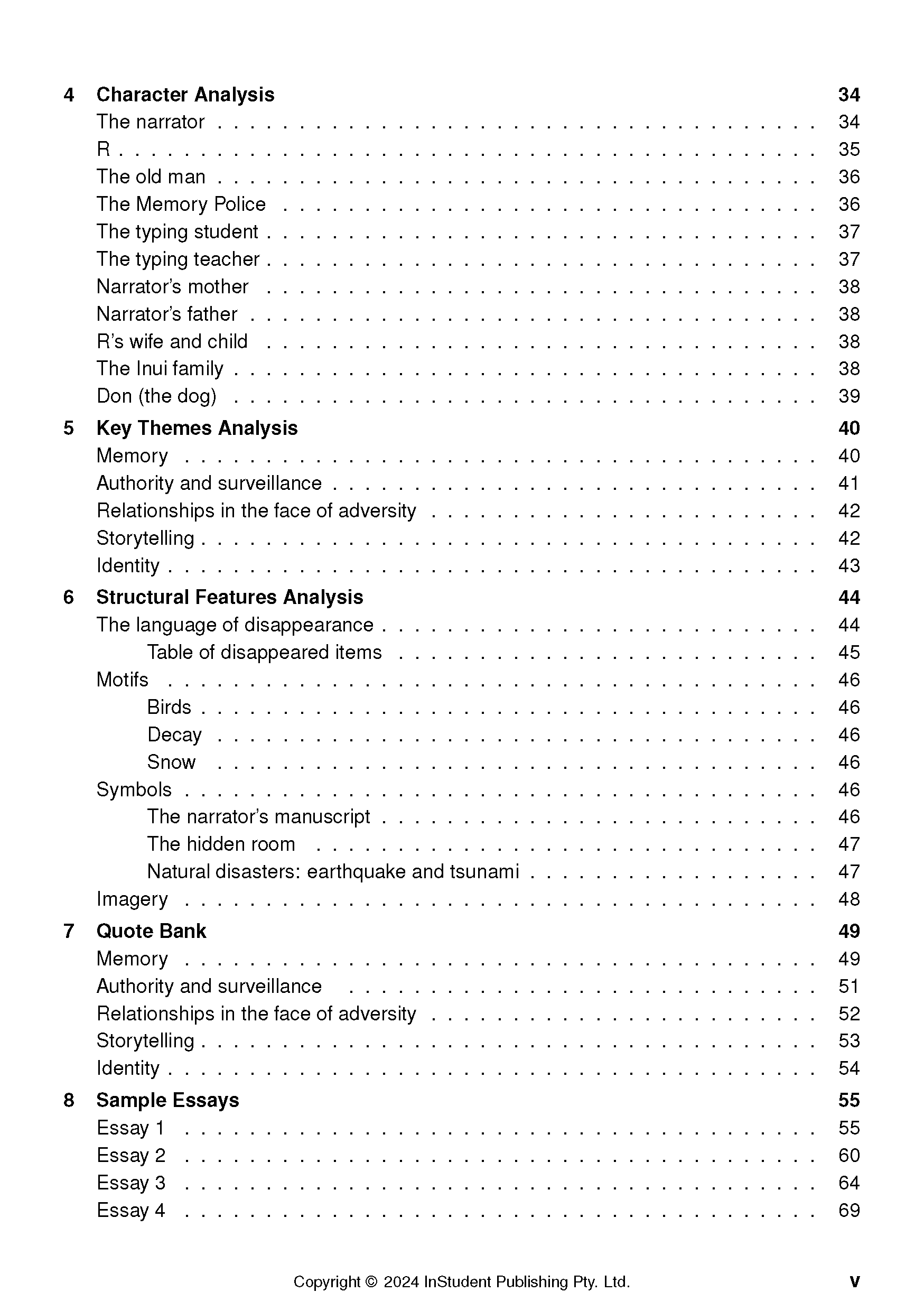 Text Guide from InStudent Publishing Pty. Ltd. displaying a table of contents for 'The Memory Police' by Yoko Ogawa, with analytical sections and page numbers.