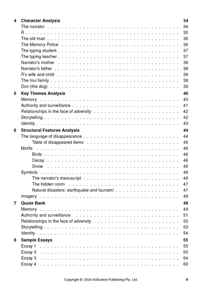 Text Guide from InStudent Publishing Pty. Ltd. displaying a table of contents for 'The Memory Police' by Yoko Ogawa, with analytical sections and page numbers.