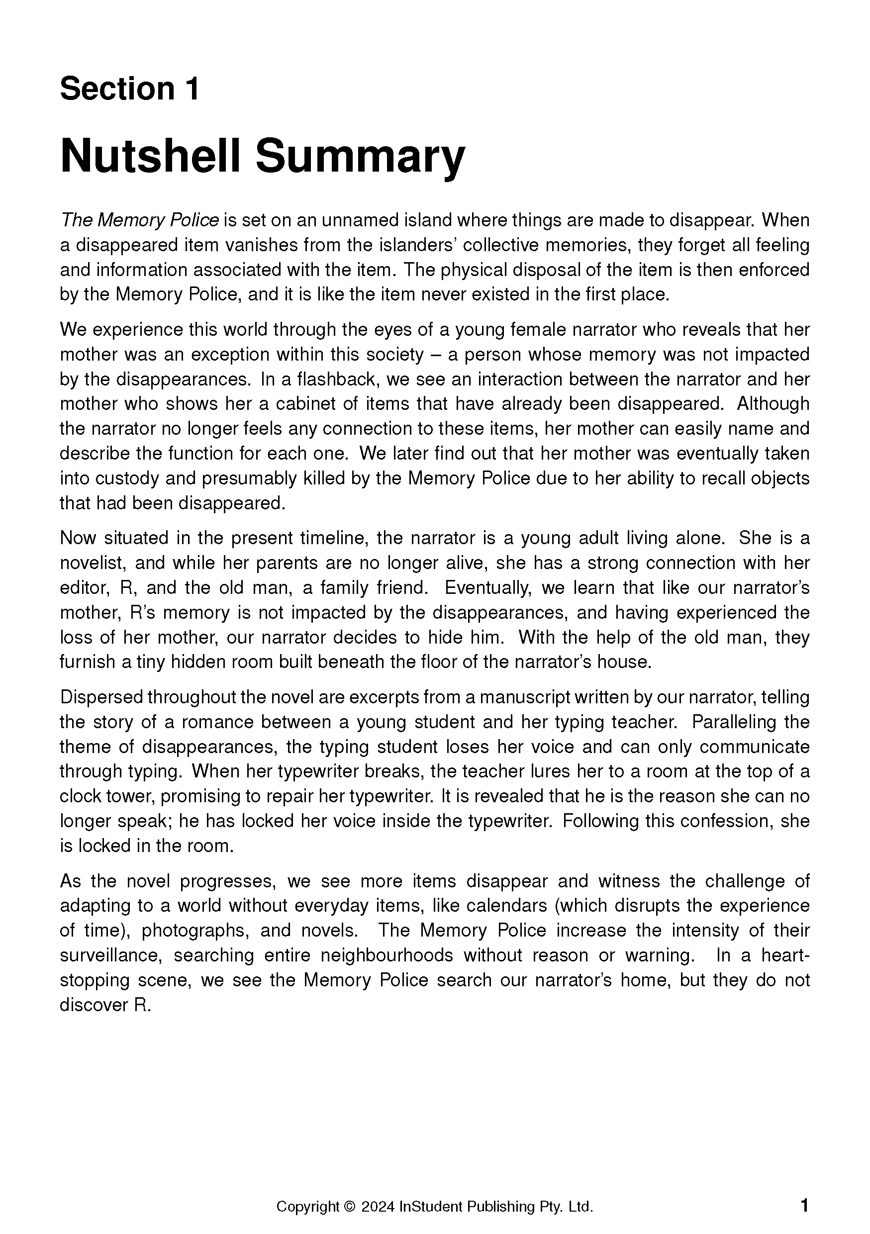 Text guide page with black text on a white background, titled 'Section 1 Nutshell Summary' for 'The Memory Police'.