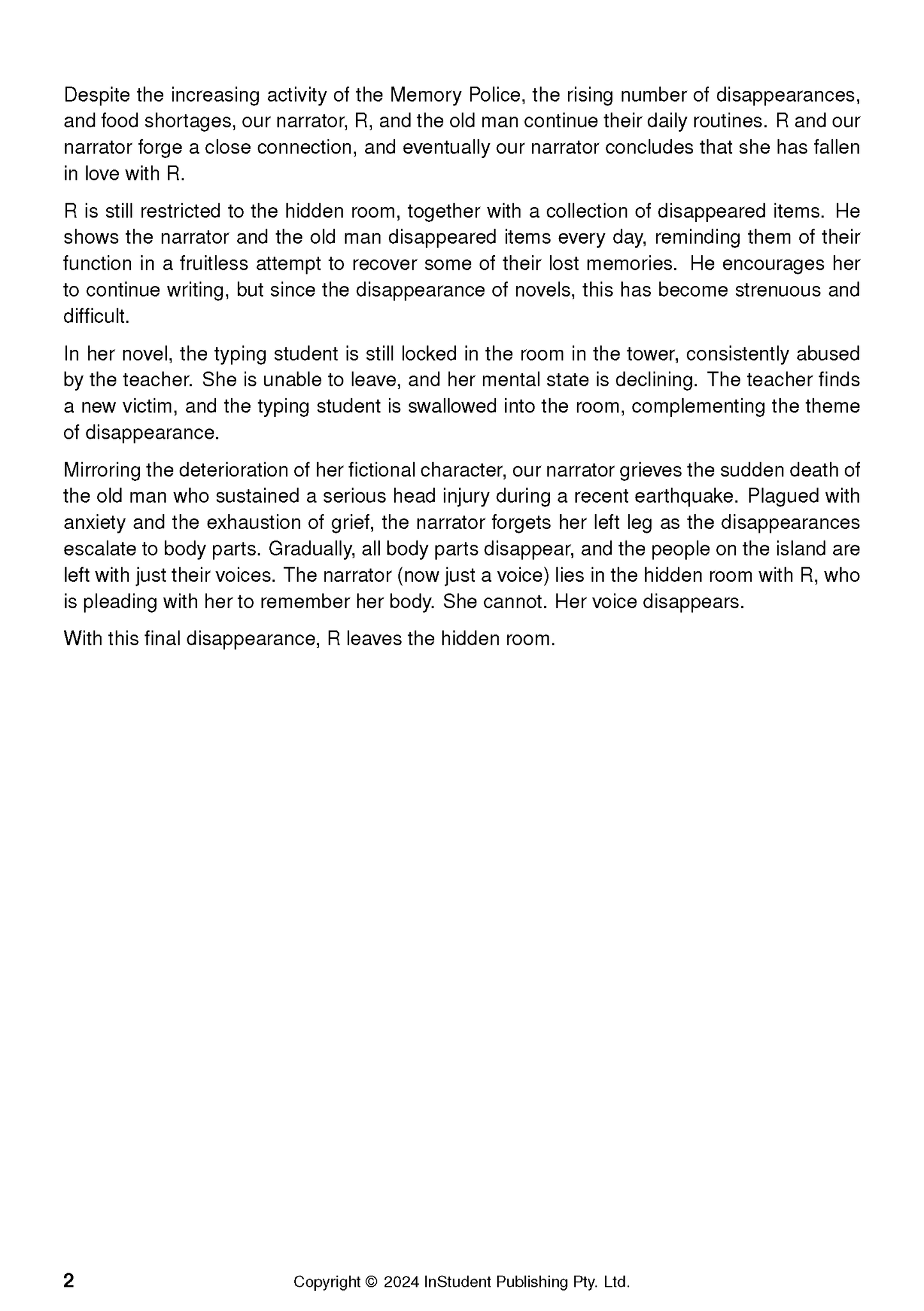 Text guide about The Memory Police by InStudent Publishing, showing dense black text on a white page with page number 2.