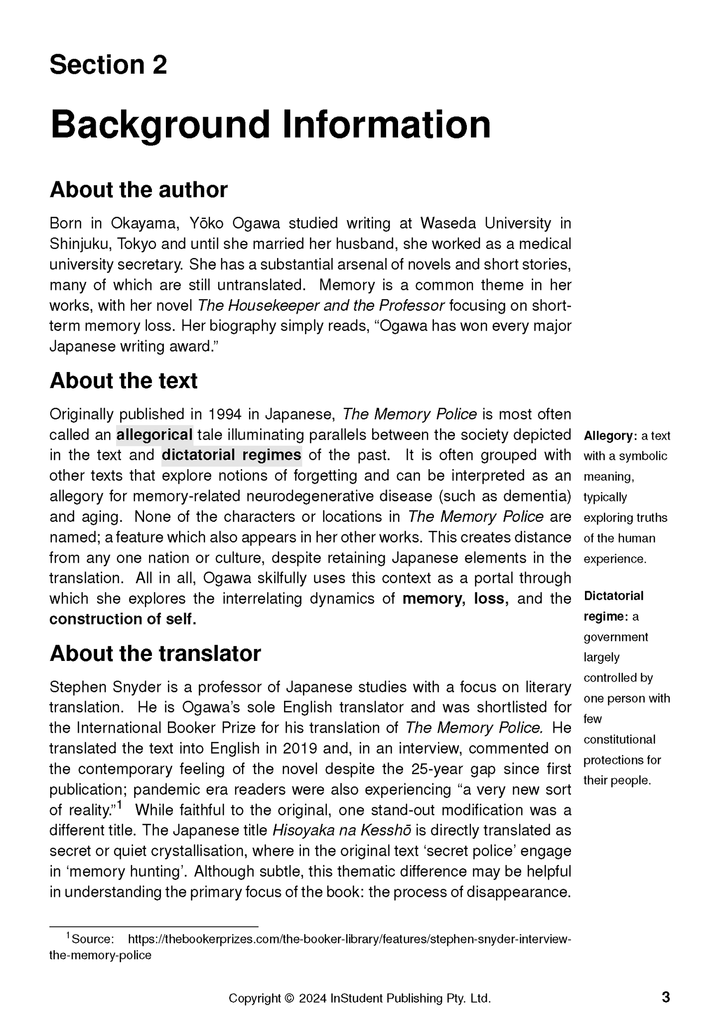 Text Guide for The Memory Police by Yoko Ogawa, showing a page with 'Background Information' section, definitions, and footnote.