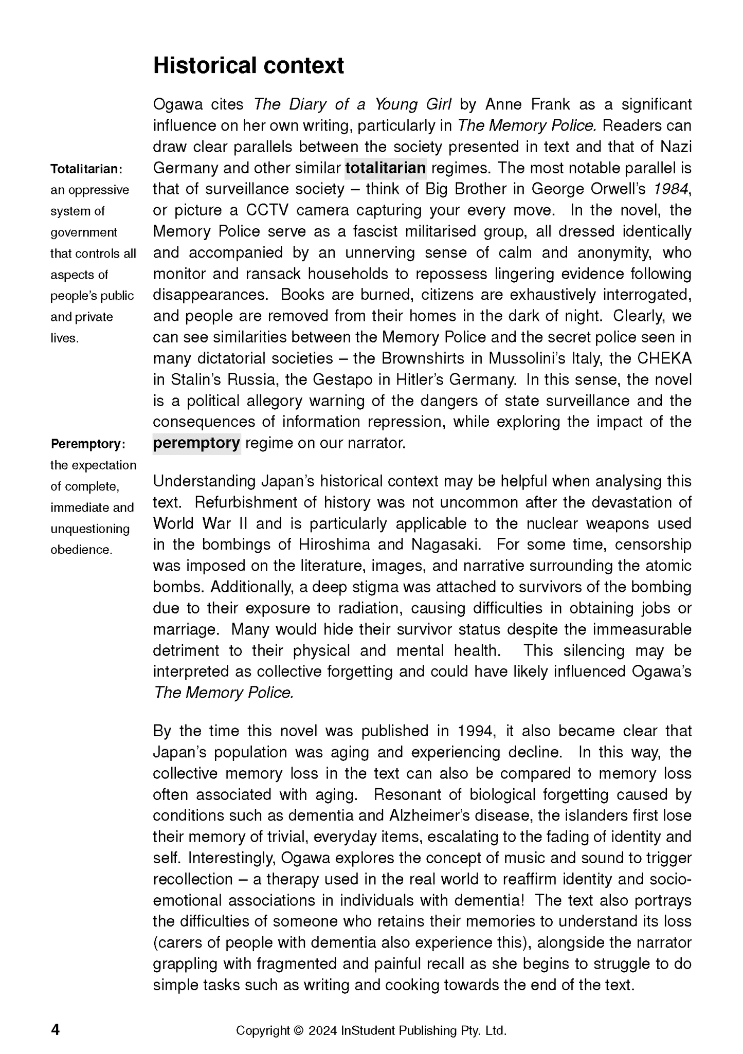 Text Guide: The Memory Police by Yoko Ogawa from InStudent Publishing, a page with black text detailing historical context and definitions.