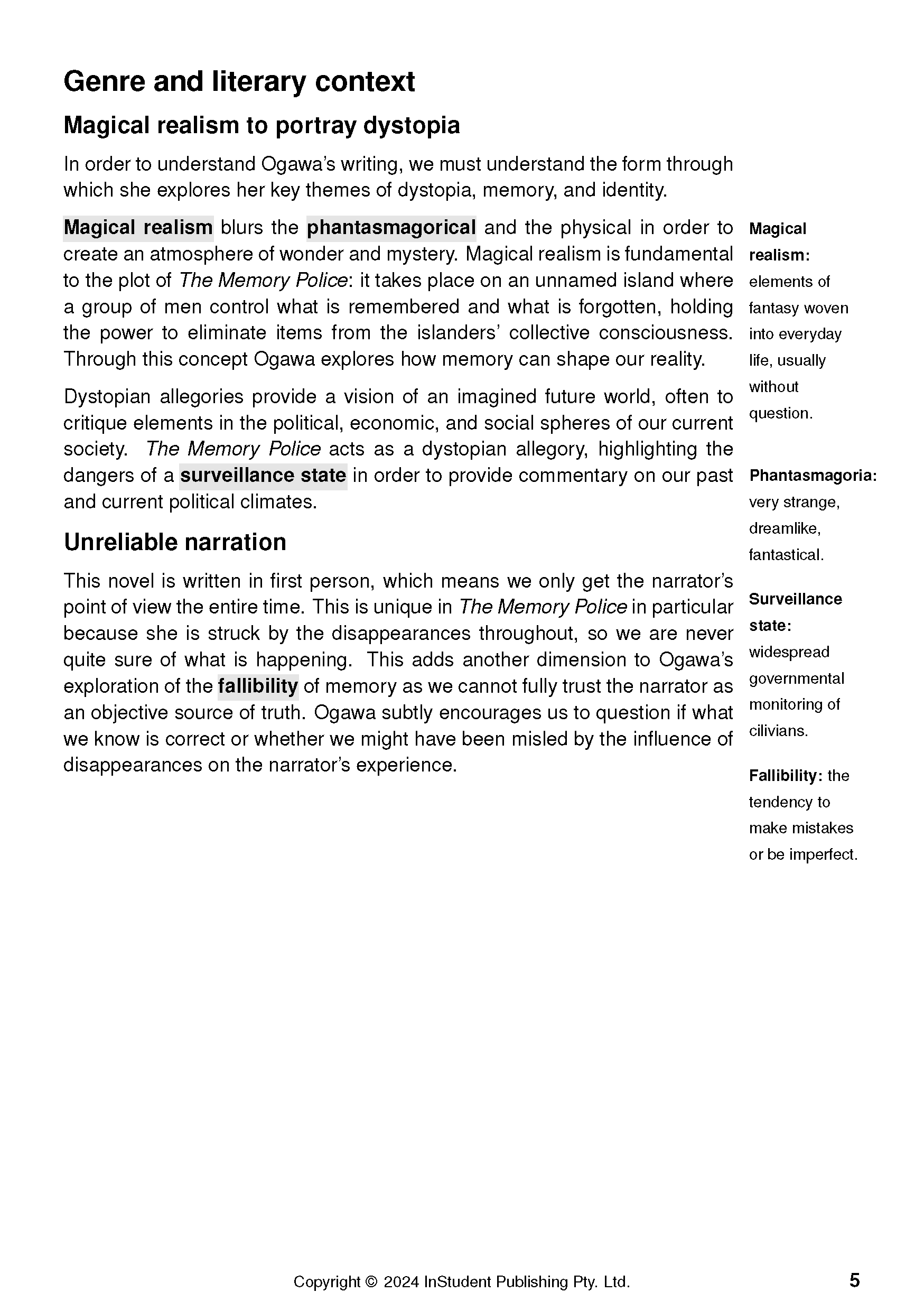 Text guide page featuring literary analysis on magical realism and unreliable narration for The Memory Police.