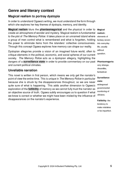 Text guide page featuring literary analysis on magical realism and unreliable narration for The Memory Police.