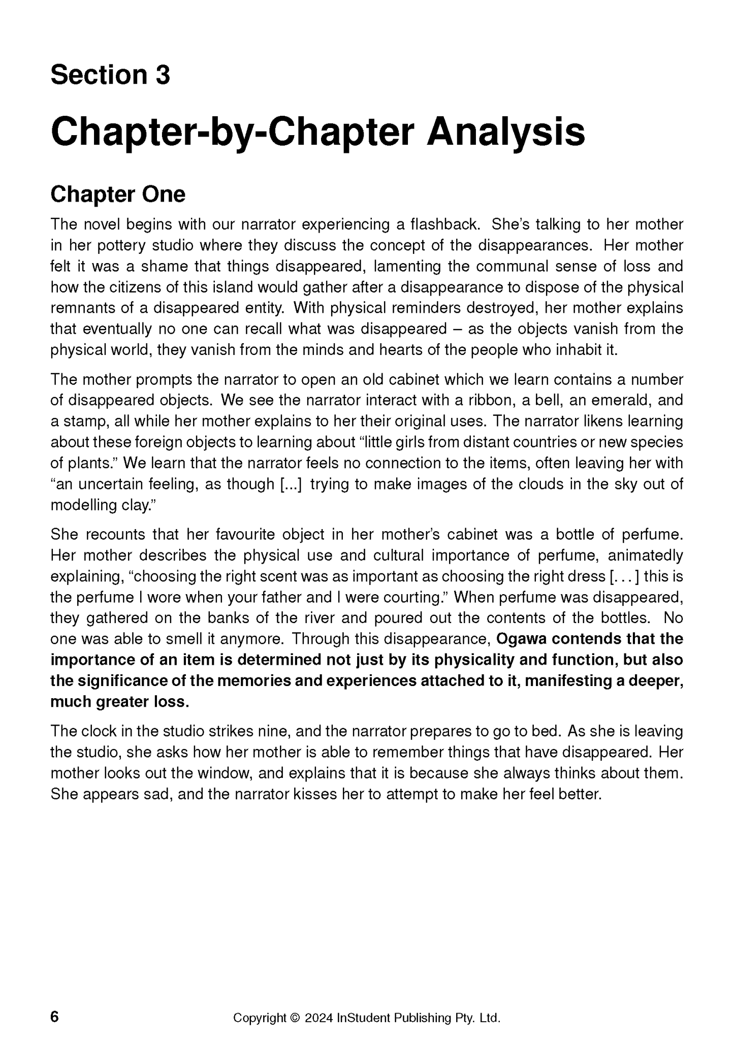 Text Guide for The Memory Police by Yoko Ogawa by InStudent Publishing Pty. Ltd., displaying a white page with "Section 3 Chapter-by-Chapter Analysis" and detailed text.