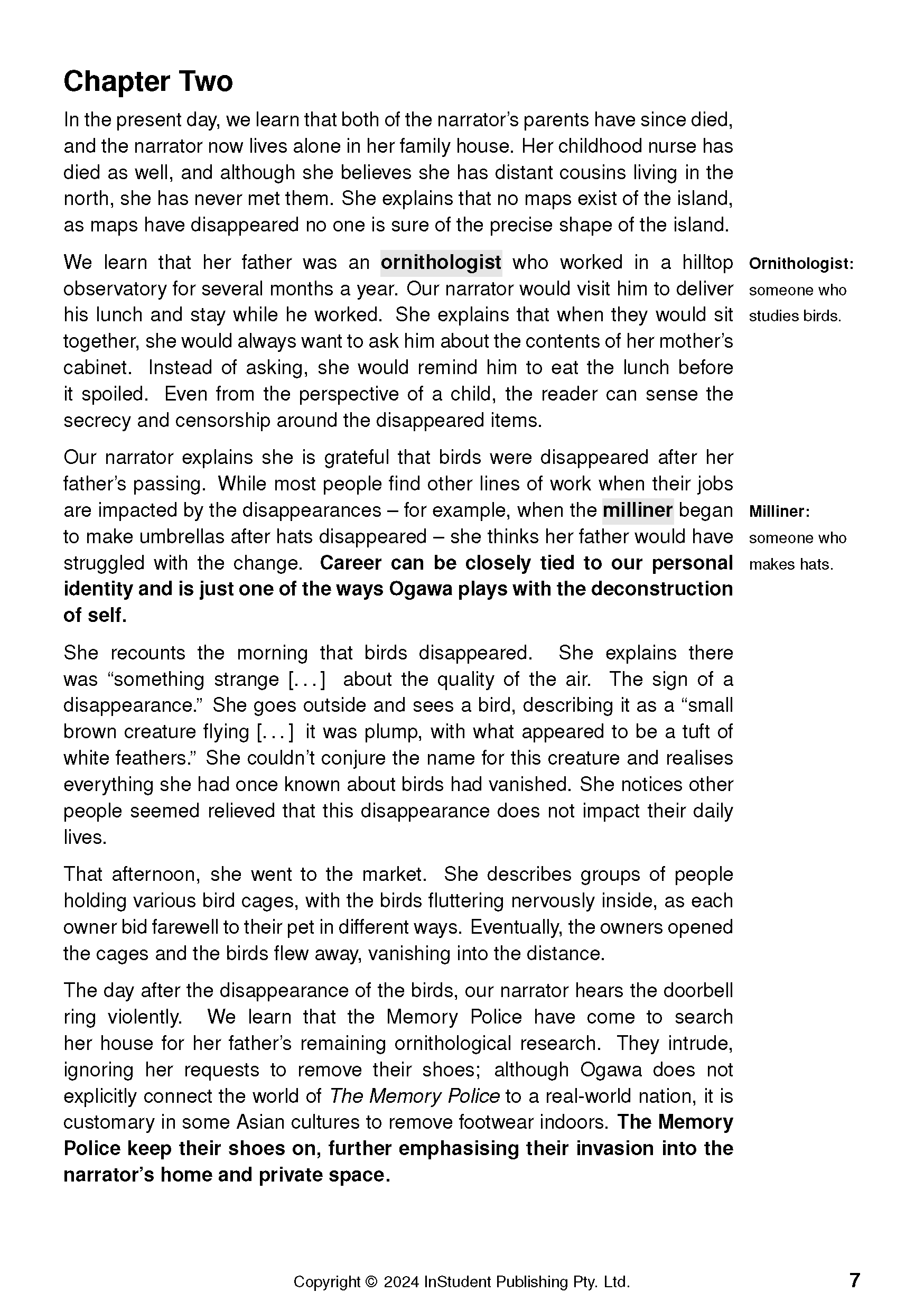 Text Guide for The Memory Police by Yoko Ogawa from InStudent Publishing Pty. Ltd., displaying Chapter Two content and definitions.
