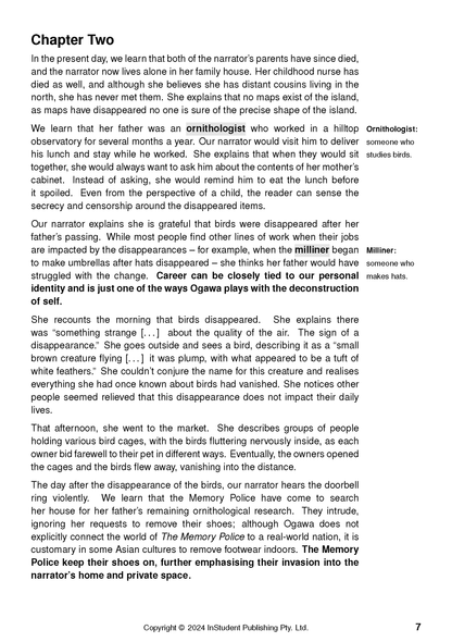 Text Guide for The Memory Police by Yoko Ogawa from InStudent Publishing Pty. Ltd., displaying Chapter Two content and definitions.