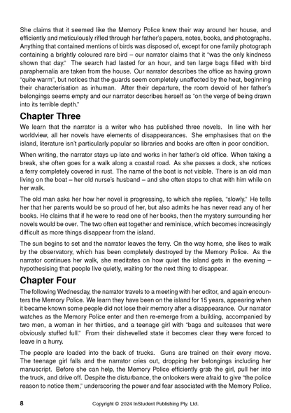 Text guide page for The Memory Police by Yoko Ogawa, with black text detailing chapters three and four.