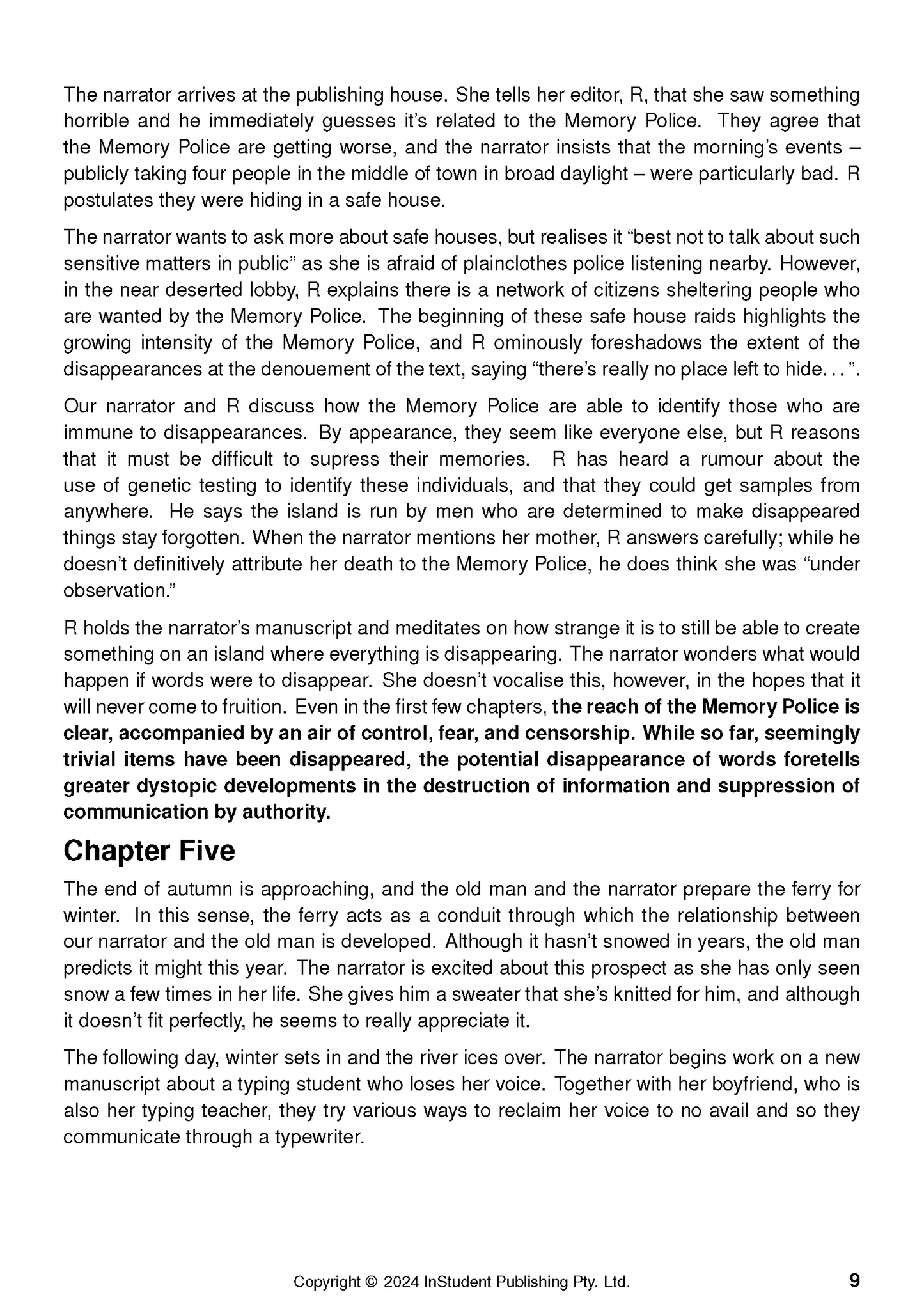 Text guide page about The Memory Police by Yoko Ogawa from InStudent Publishing Pty. Ltd., showing black text, Chapter Five heading, and page 9.