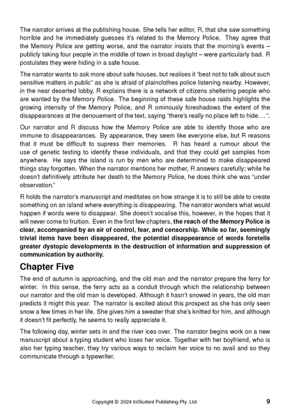 Text guide page about The Memory Police by Yoko Ogawa from InStudent Publishing Pty. Ltd., showing black text, Chapter Five heading, and page 9.