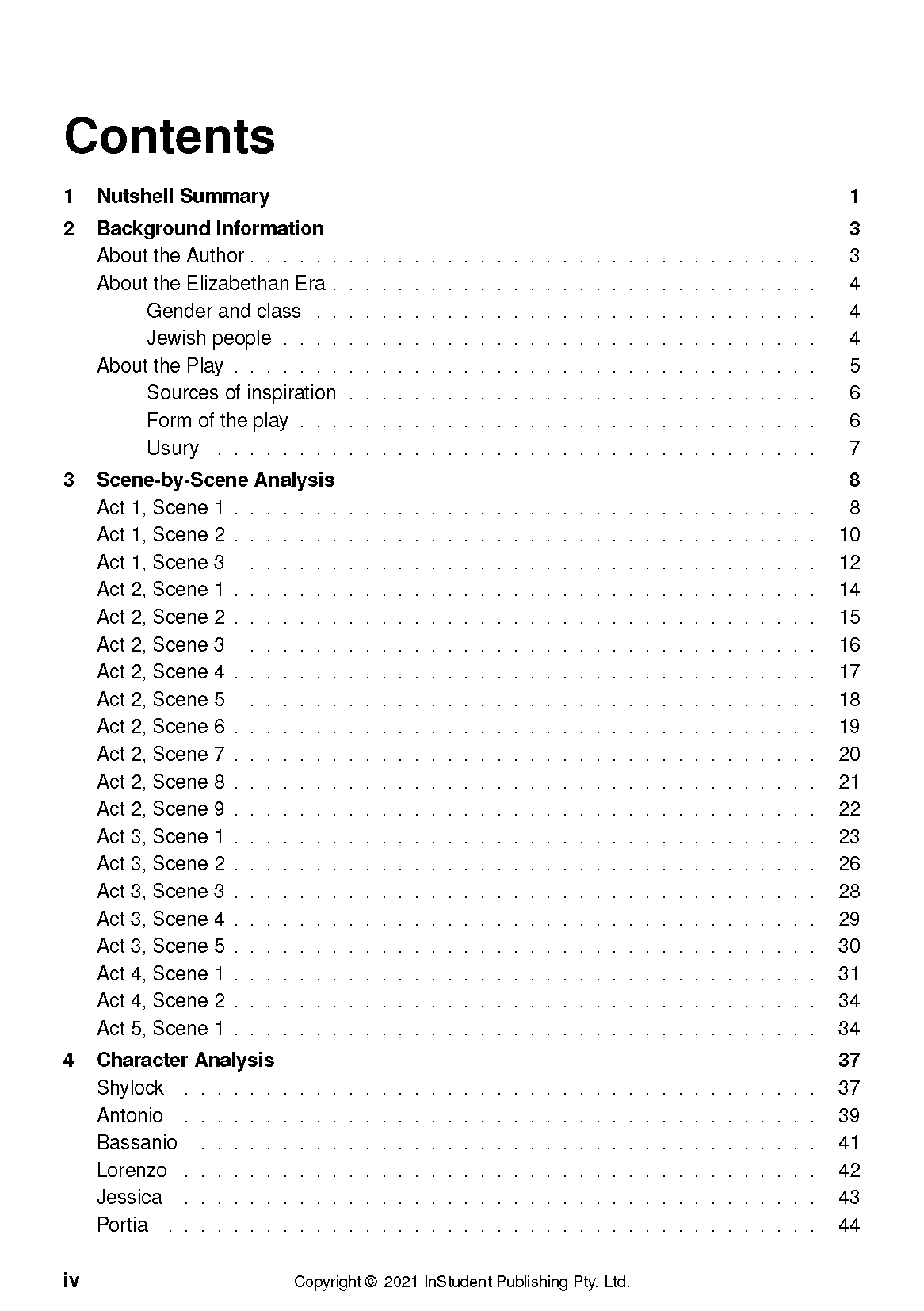 Text Guide displaying its Contents page, detailing sections like 'Nutshell Summary' and 'Scene-by-Scene Analysis' with page numbers.
