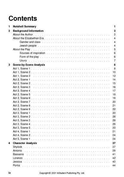 Text Guide displaying its Contents page, detailing sections like 'Nutshell Summary' and 'Scene-by-Scene Analysis' with page numbers.