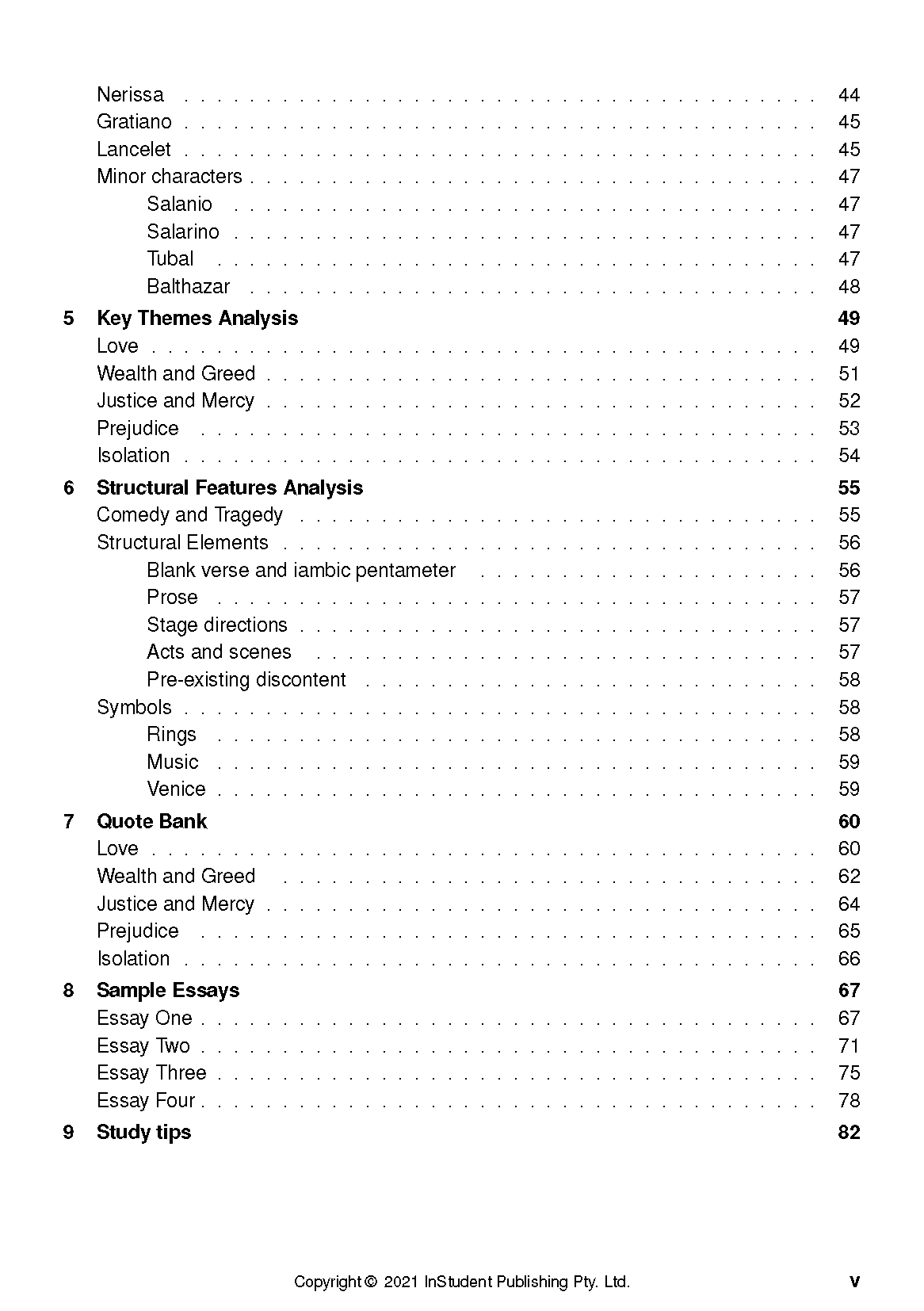 White page from The Merchant of Venice Text Guide by InStudent Publishing Pty. Ltd., featuring a table of contents.