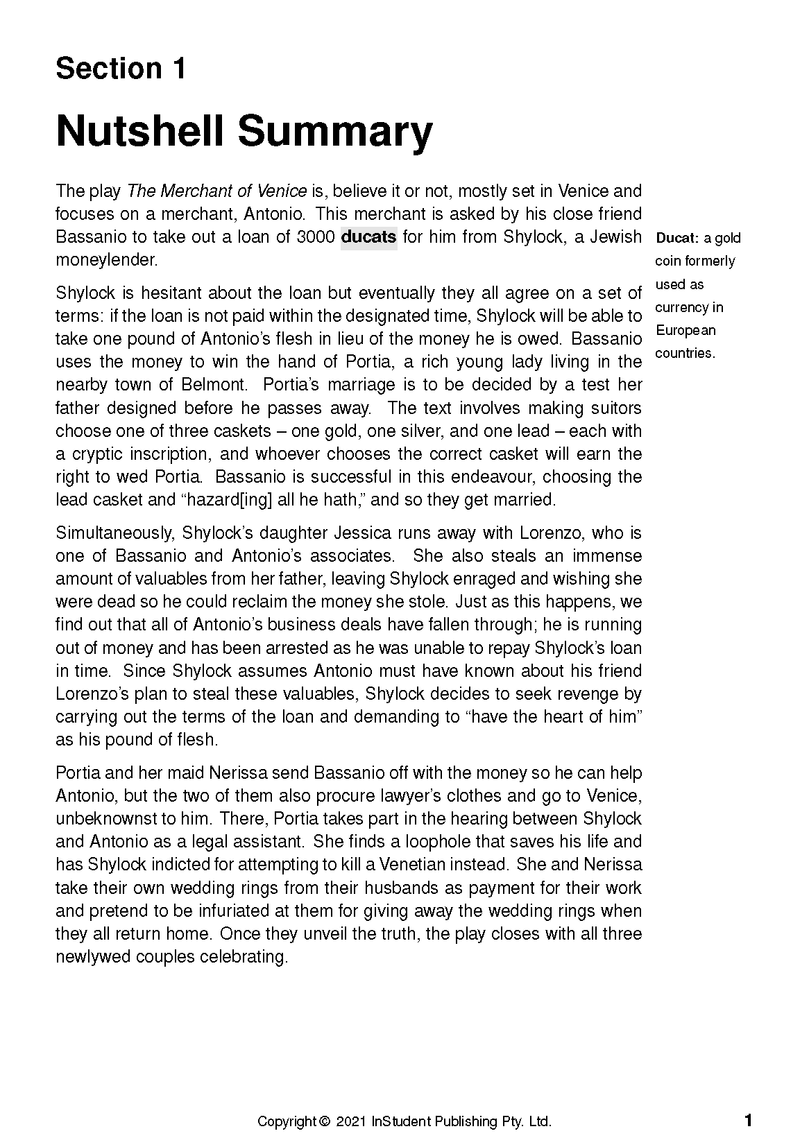 Text Guide page with "Section 1 Nutshell Summary" text about The Merchant of Venice and a "Ducat" definition.