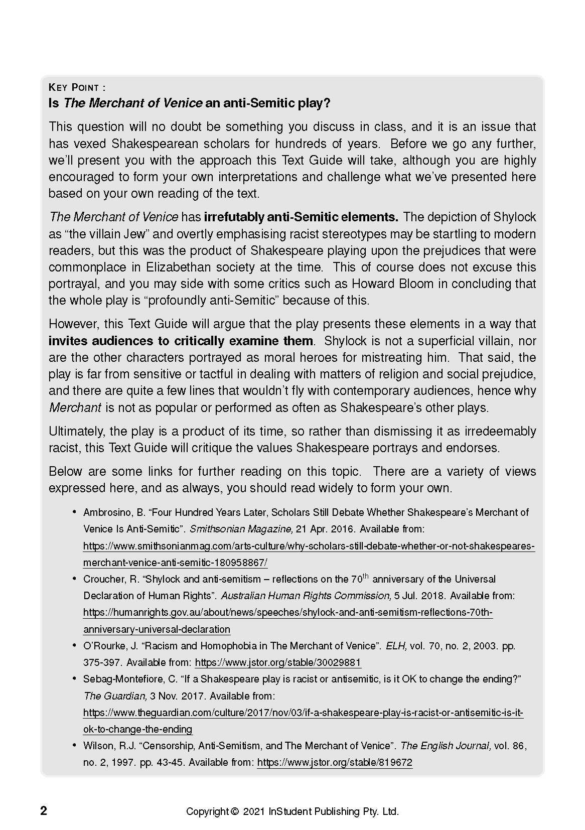 Academic text guide page for The Merchant of Venice discussing anti-Semitism, with a gray header and reference list.