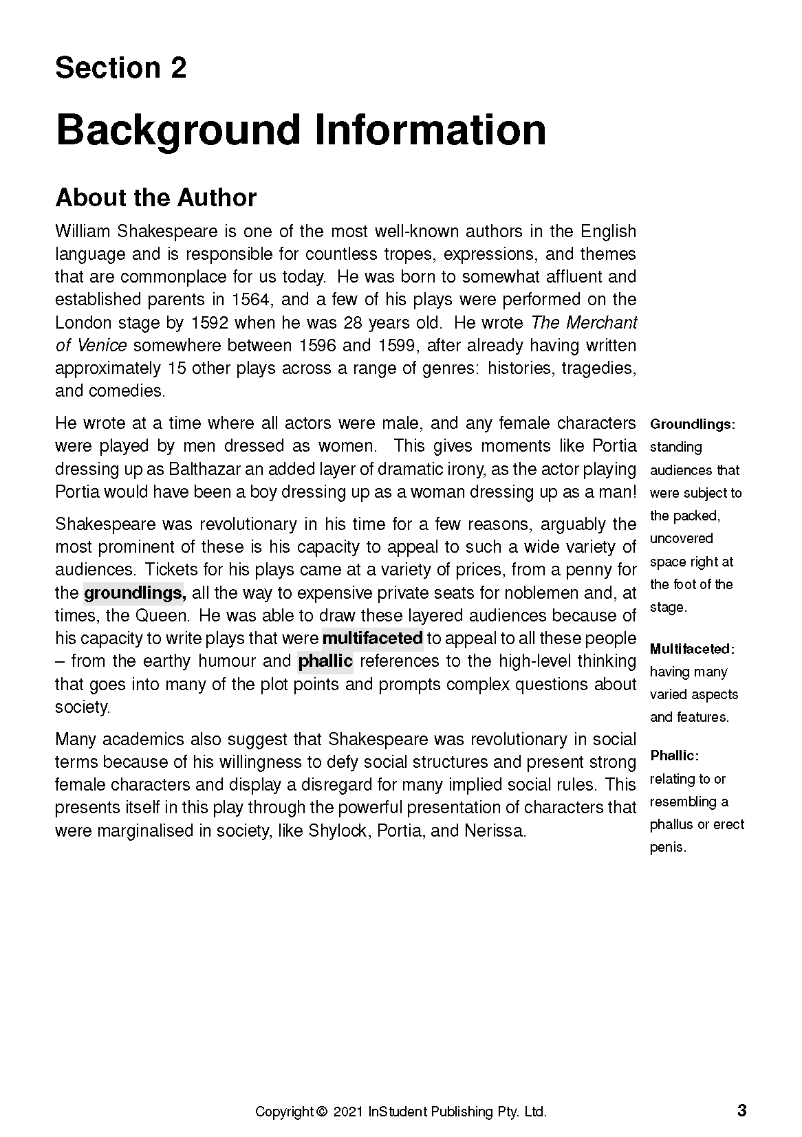 Text guide page with 'Section 2 Background Information' heading, text about William Shakespeare's The Merchant of Venice, and definitions.