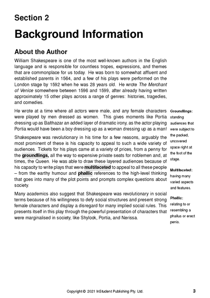 Text guide page with 'Section 2 Background Information' heading, text about William Shakespeare's The Merchant of Venice, and definitions.