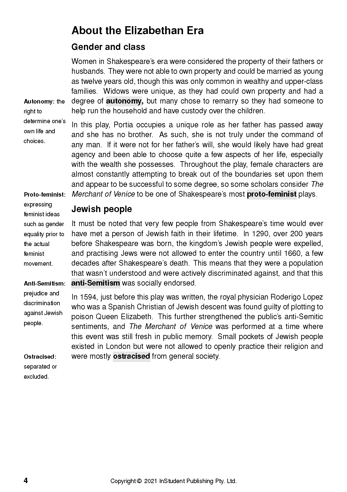 A text guide page titled "About the Elizabethan Era" discussing gender, class, Jewish people, and defining terms like autonomy and anti-Semitism.