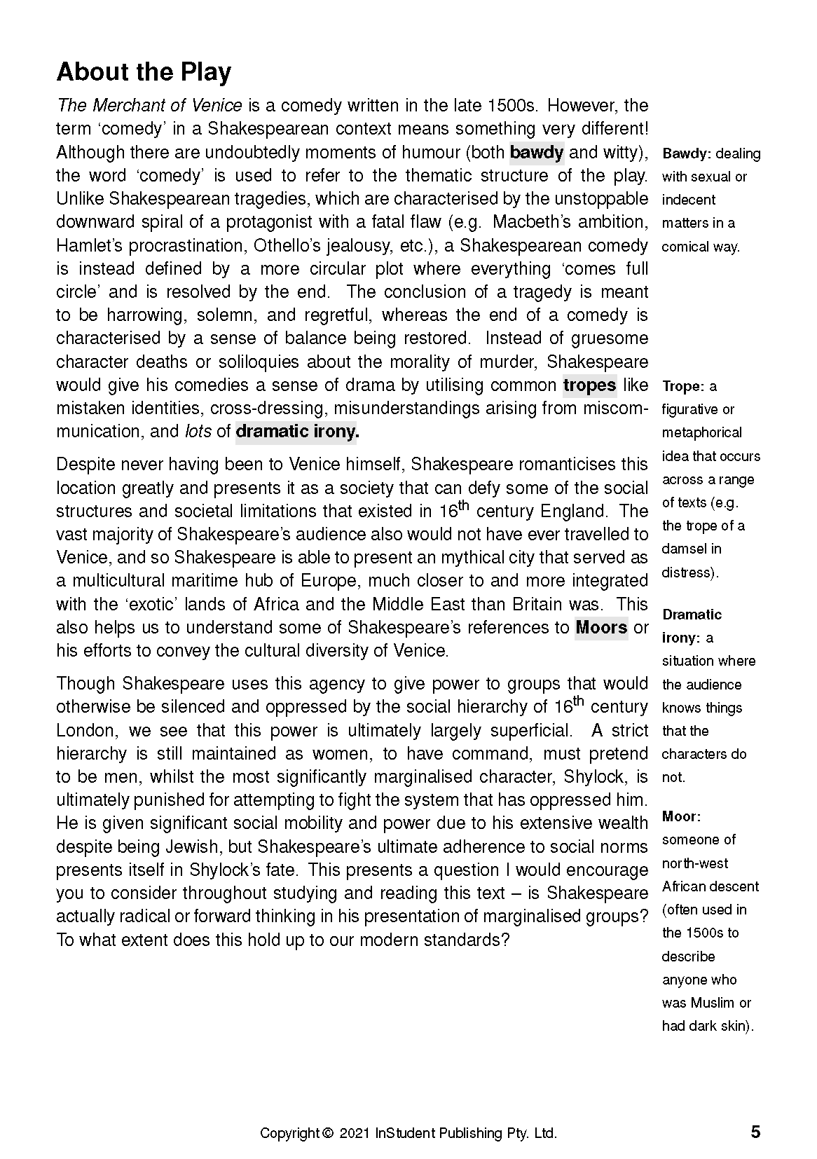 Text Guide for The Merchant of Venice by William Shakespeare, a page with black text on a white background and marginal definitions.