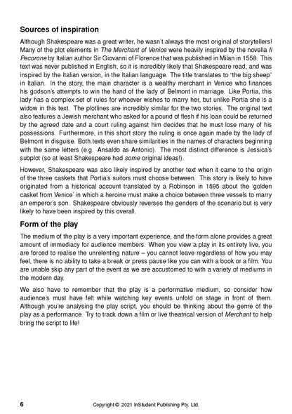 Text guide by InStudent Publishing Pty. Ltd. displaying black text on a white page with "Sources of inspiration" and "Form of the play" headings.