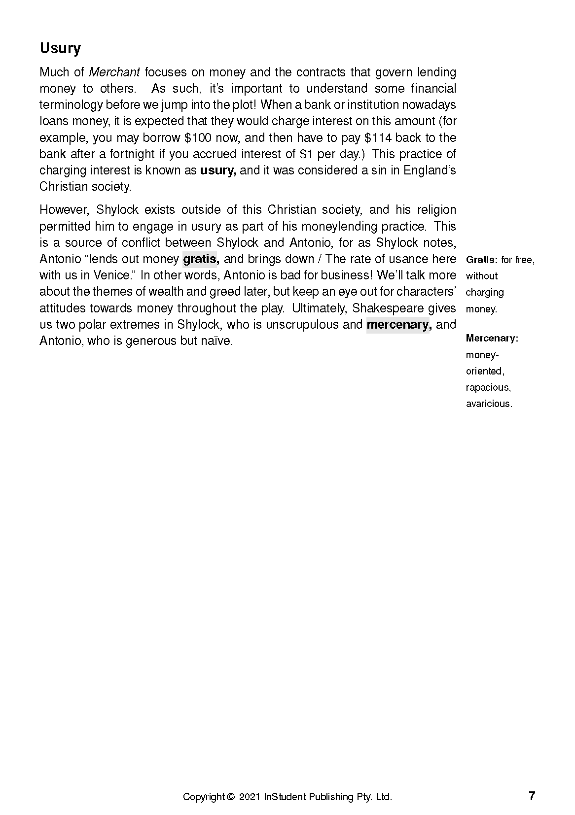 Text Guide page by William Shakespeare showing a section on usury and definitions for 'Gratis' and 'Mercenary' in black print.