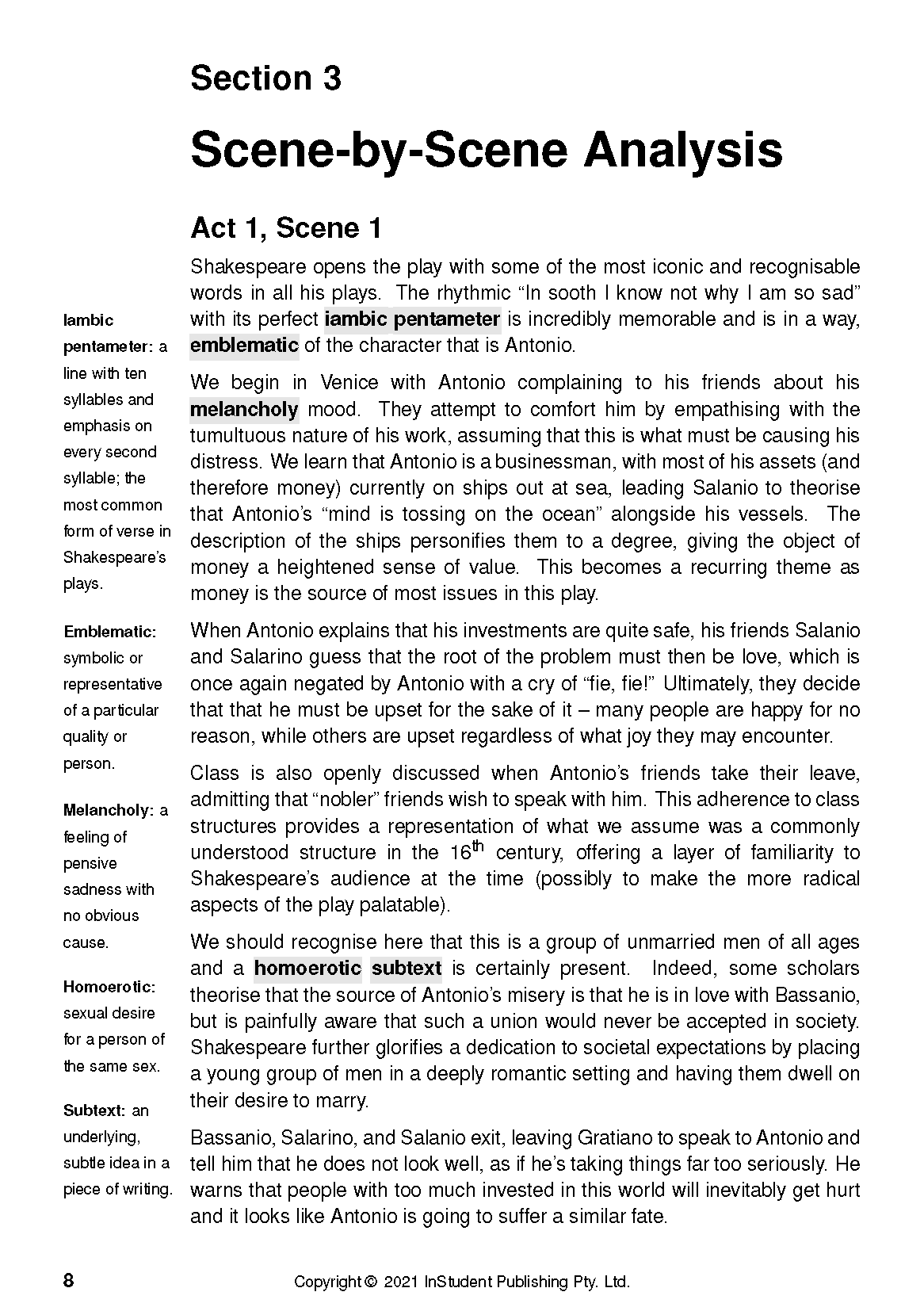 Text guide page displaying 'Scene-by-Scene Analysis' of 'Act 1, Scene 1' with highlighted terms and definitions.