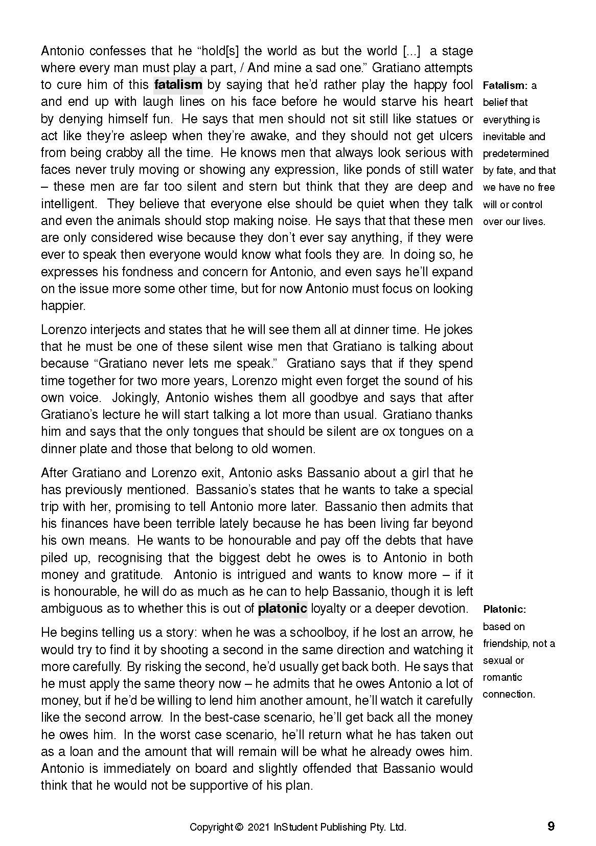 Text guide for The Merchant of Venice by InStudent Publishing Pty. Ltd., displaying black text on a white page with page number 9.