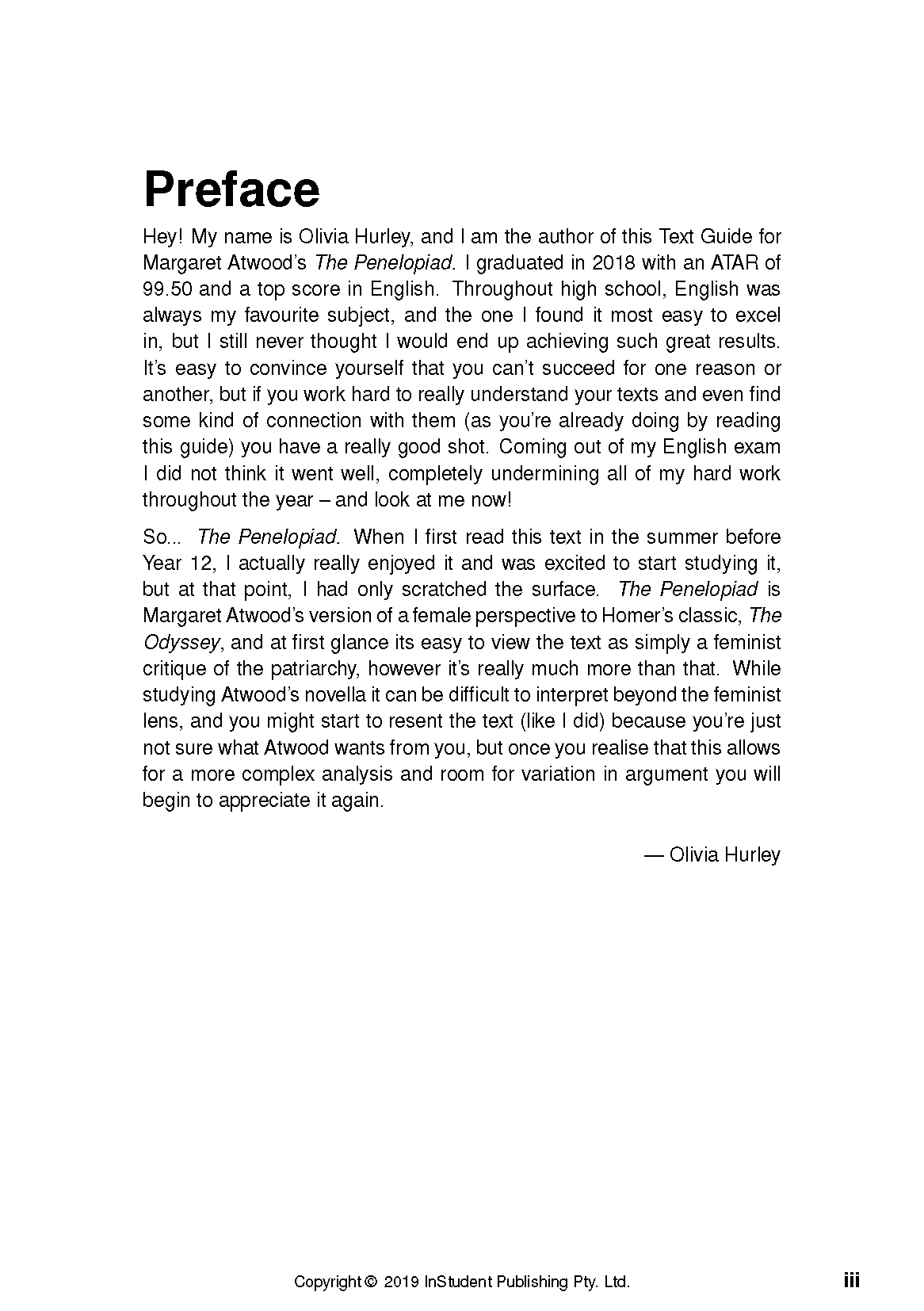 White Text Guide page by InStudent Publishing Pty. Ltd. with a "Preface" title and black text, displayed as a full page.