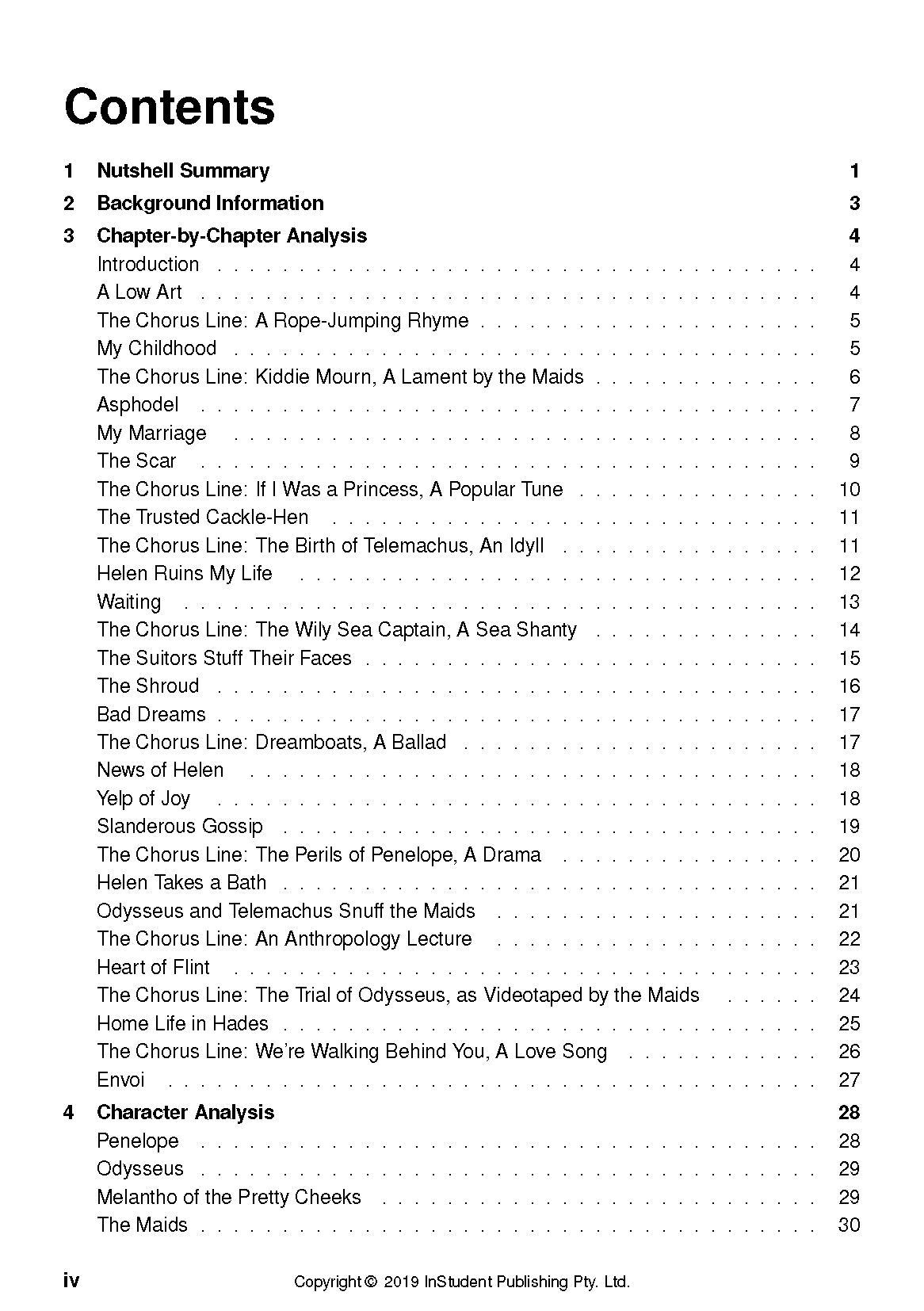 Text guide for The Penelopiad by Margaret Atwood, displaying its detailed Contents page.