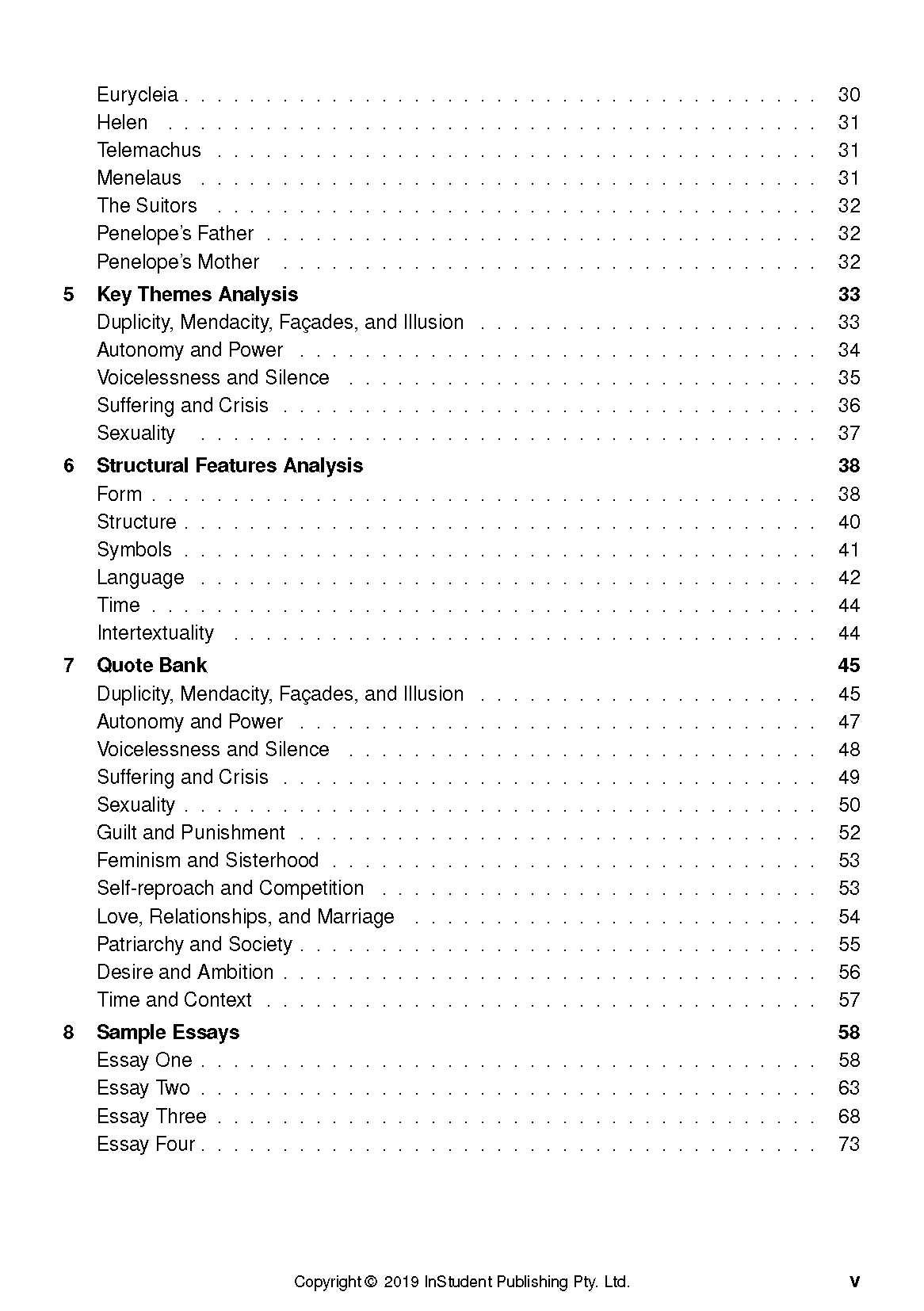 Text Guide for The Penelopiad by Margaret Atwood from InStudent Publishing Pty. Ltd., displaying a table of contents listing analysis, quote bank, and essay sections.