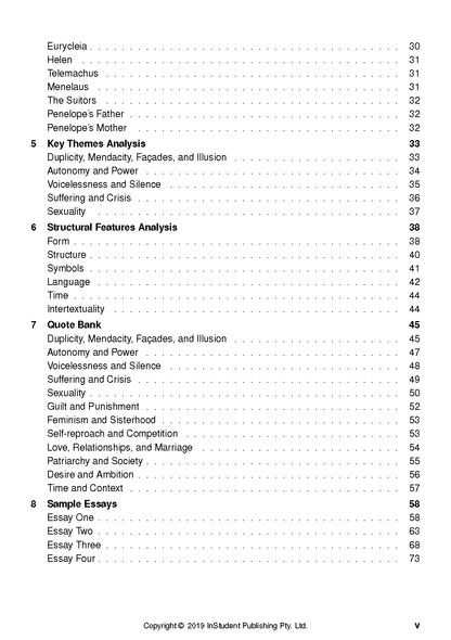 Text Guide for The Penelopiad by Margaret Atwood from InStudent Publishing Pty. Ltd., displaying a table of contents listing analysis, quote bank, and essay sections.