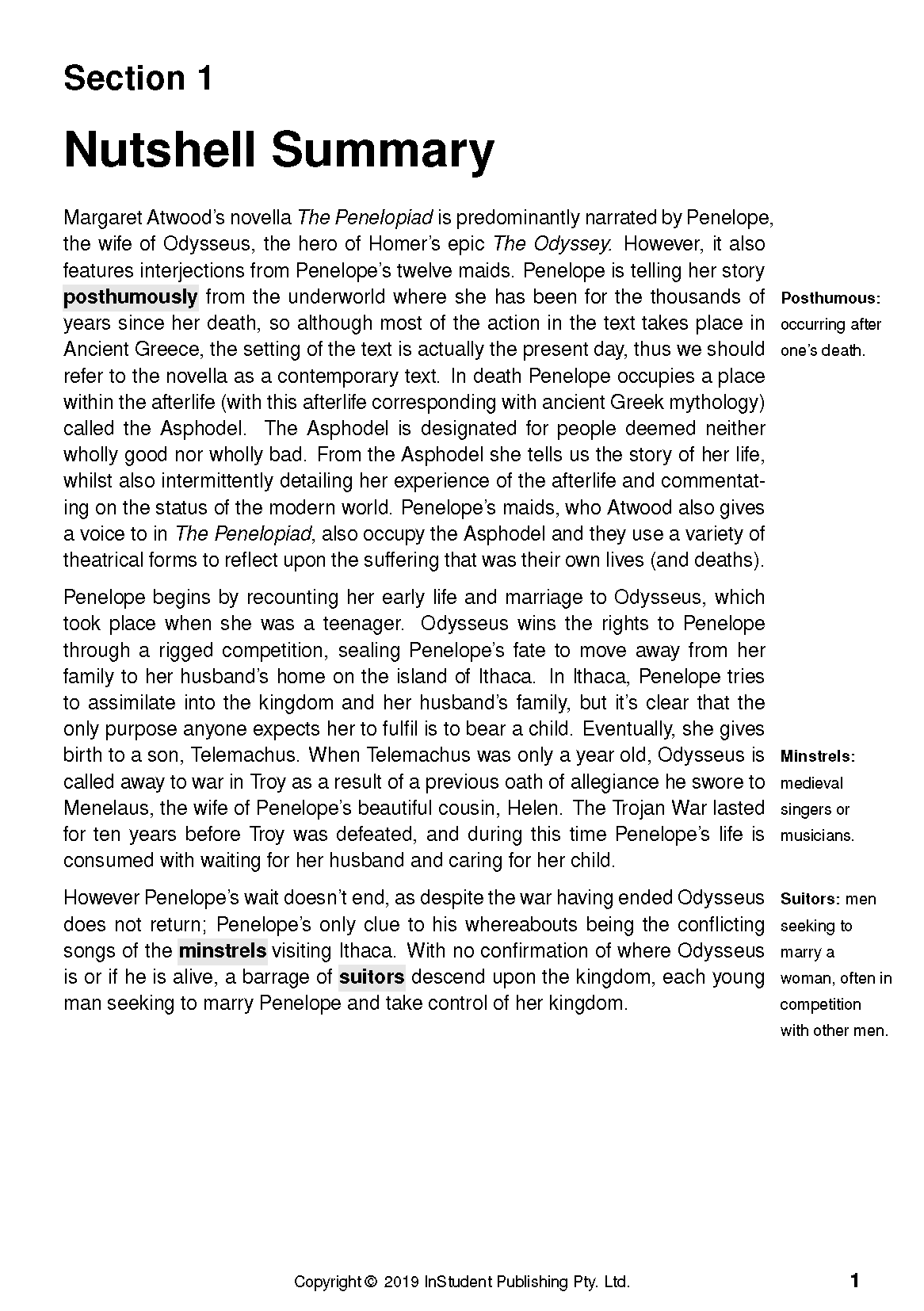Text Guide page with Section 1 Nutshell Summary in black text on white, featuring marginal definitions.