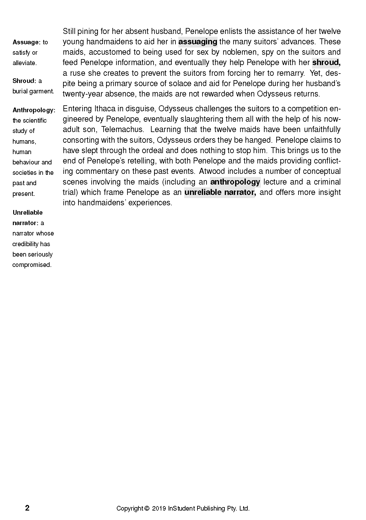 Text Guide page featuring definitions and analytical text about The Penelopiad, with highlighted key terms.