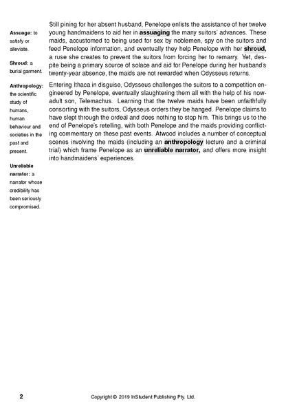 Text Guide page featuring definitions and analytical text about The Penelopiad, with highlighted key terms.