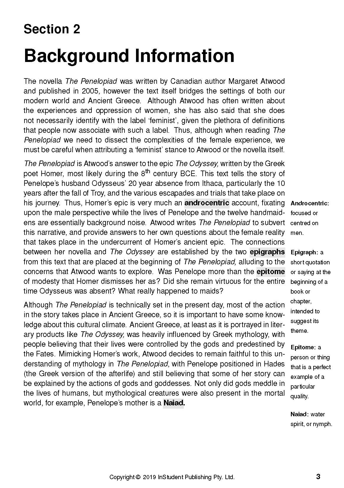 Text guide page featuring 'Background Information' for The Penelopiad, with text and sidebar definitions.