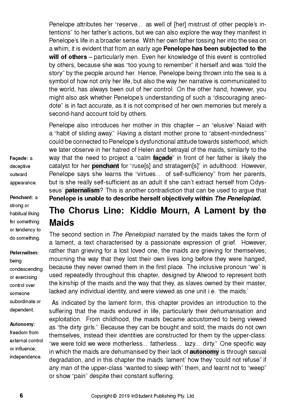 Text guide for The Penelopiad, showing a page with analytical text, side definitions, and a chapter title.