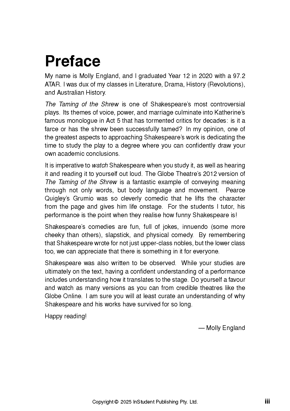 Text Guide on The Taming of the Shrew by William Shakespeare, displaying a preface page with black text on a white background.
