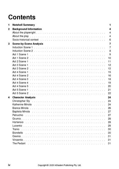Text guide for The Taming of the Shrew displaying a table of contents with page numbers up to 31.