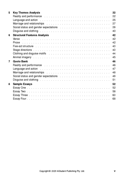 White text guide page by InStudent Publishing Pty. Ltd. displaying a table of contents with key themes, structural features, and sample essays.