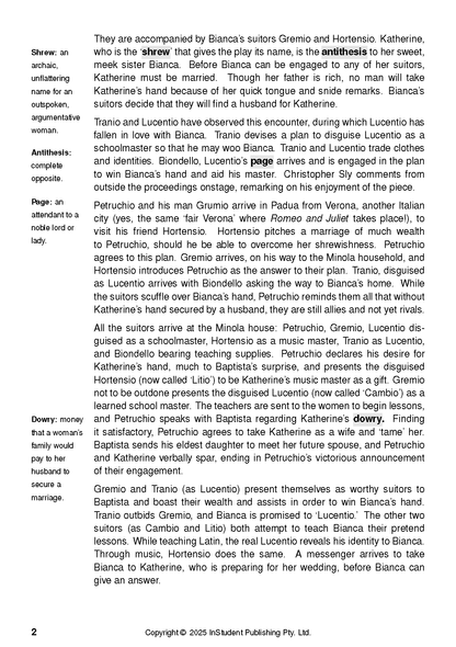 Text Guide with white page displaying black text, side definitions, and highlighted words about 'The Taming of the Shrew'.