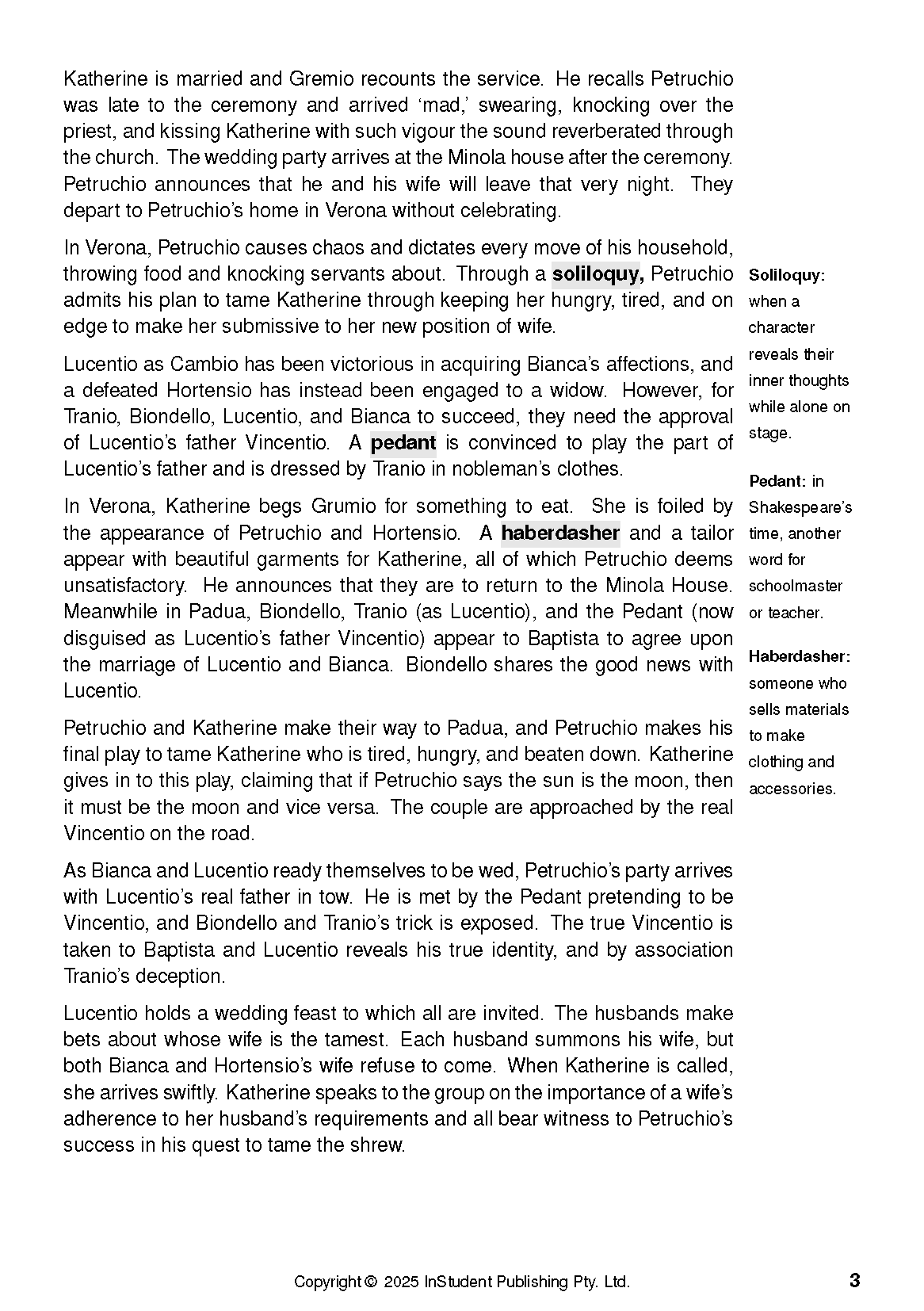Text Guide page for The Taming of the Shrew featuring black text, bolded words, definitions, a header, and page number 3.