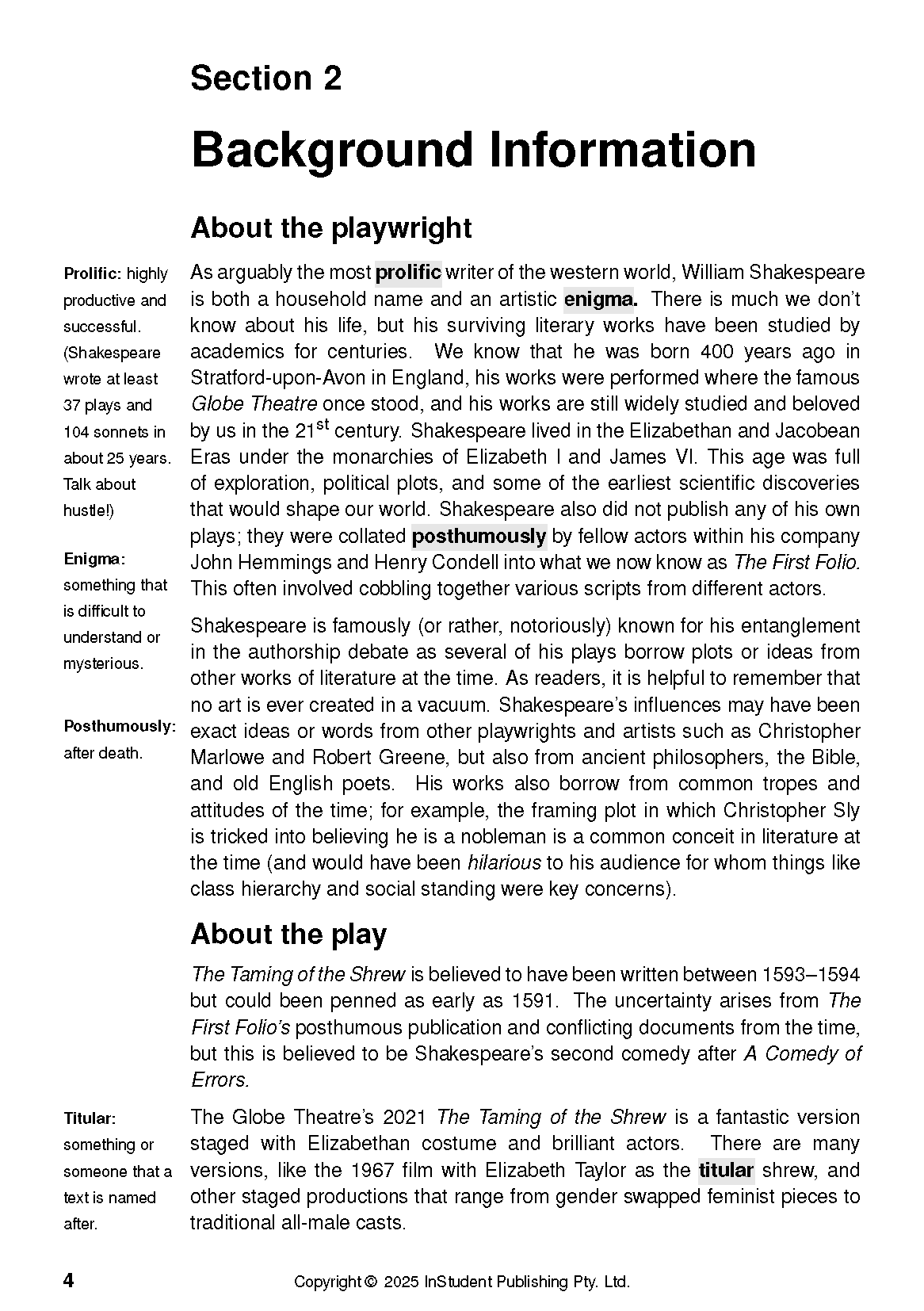 Open text guide page for The Taming of the Shrew by William Shakespeare from InStudent Publishing Pty. Ltd., displaying Section 2: Background Information with definitions in the margin.